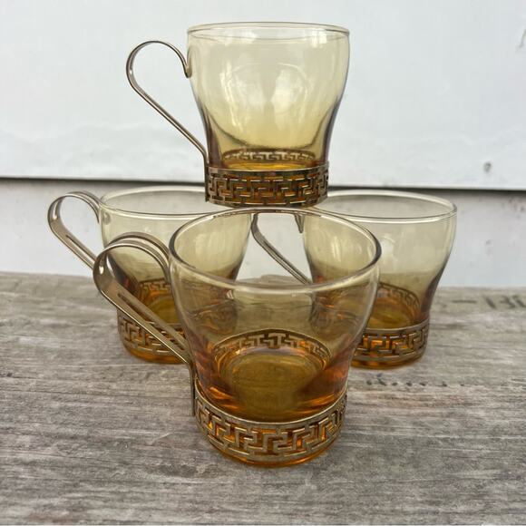 Libbey MCM Greek Key Punch Brass Holder Amber Glass Tiki Glasses Cups Set of 4 - Picture 1 of 5